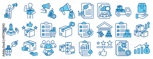 Logistics and Supply Chain Icon Set. Filled Line Color Including Marketing, Campaign, Product Delivery, Sales, Promotion, Customer, Feedback, Data Report, Data Analysis, Logistics, Transport
