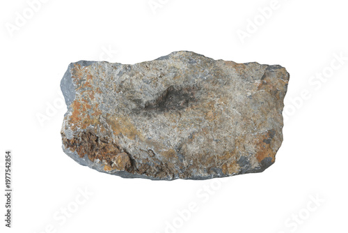 Limonite on fine-grained gray limestone isolated on white background.