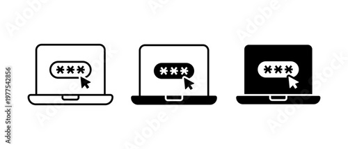 Laptop Password Security Vector Icon Set. Protection Authentication Lock Symbol