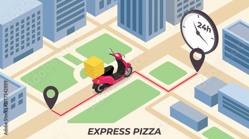 This image illustrates a scooter navigating a city map with a pizza on board, emphasizing the efficiency and fun of food delivery in urban environments.