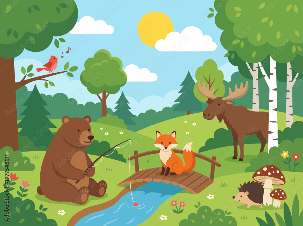Naklejka premium A friendly bear is fishing near a stream while a fox watches from a wooden bridge. Nearby, a moose grazes, adding to the serene atmosphere of this woodland scene.