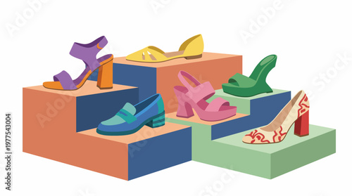 This artistic image presents an array of colorful women’s shoes displayed on steps, showcasing diverse styles that cater to various fashion interests and personal expression.