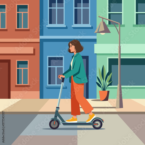 A stylish woman rides a scooter through a vibrant urban street, showcasing a modern and eco-friendly means of transportation for city dwellers in this contemporary illustration.