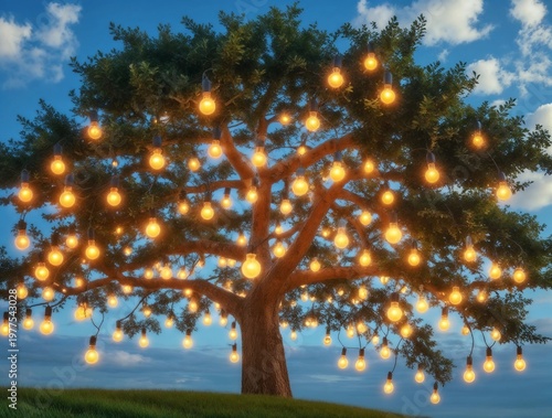 Magical tree adorned with glowing string lights under a twilight sky
