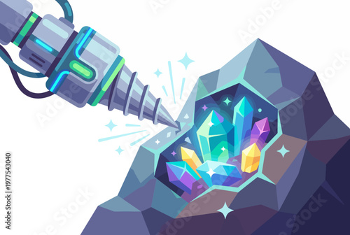 This image features a futuristic mining drill engaged in extracting vibrant crystals from a rock, illustrating technology's role in resource extraction and a vivid underworld.
