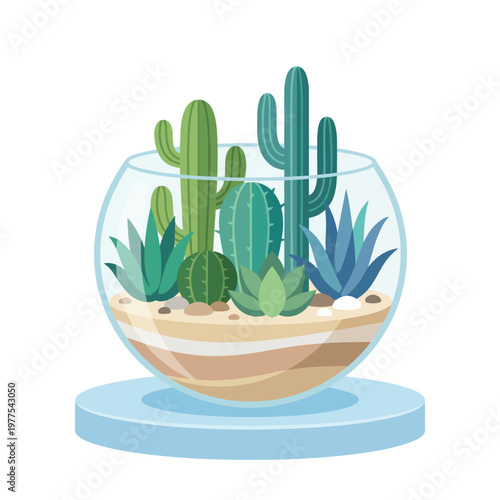 This beautiful image showcases an elegant glass terrarium housing various succulent plants, representing nature's beauty and tranquility in a stylish and compact environment.