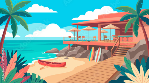 This vibrant illustration portrays a tropical beachfront restaurant offering scenic views, ideal for relaxation and leisure, set against a backdrop of palm trees and ocean.
