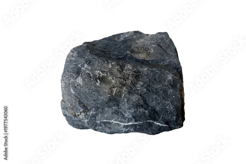 Dark gray to black limestone with a fine texture and white streaks, which may be quartz or calcite, isolated on white background.