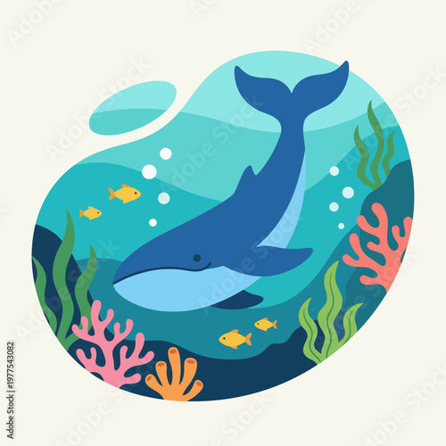 A serene illustration of a whale swimming gracefully through a vibrant coral reef, showcasing the beauty of marine life and the importance of ocean conservation and biodiversity.