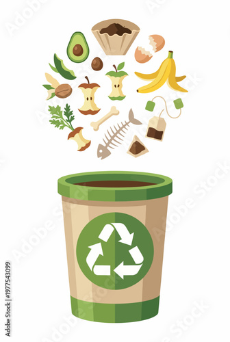 An illustration showcasing a composting bin overflowing with organic waste such as fruits, fish, and tea bags, representing sustainability and eco-friendliness.