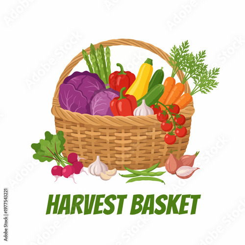 A detailed illustration of a harvest basket filled with fresh vegetables, representing healthy eating and the bounty of nature's produce in a vibrant manner.