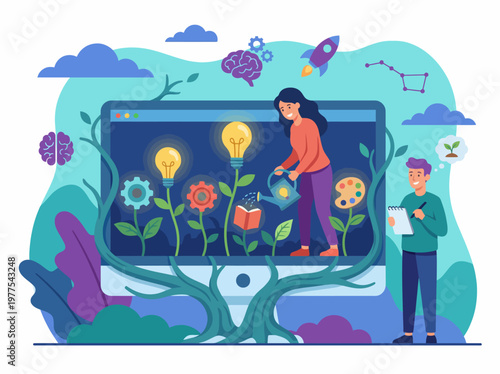A vibrant depiction of a person nurturing plants growing from a computer screen, symbolizing the blend of technology and nature in fostering creativity and growth.