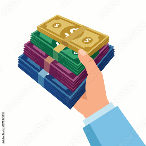 A stylized depiction of a hand holding a stack of cash bundles, symbolizing financial prosperity and abundance in a simple yet impactful visual representation.