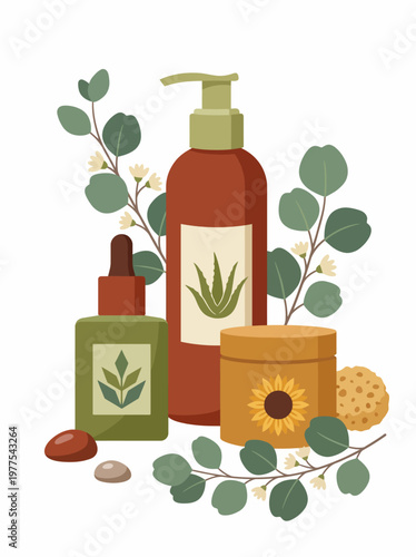 A collection of organic skincare products surrounded by greenery, emphasizing natural beauty and wellness in a visually appealing and soothing composition.