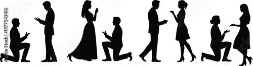 Set of black silhouettes featuring romantic couples during marriage proposals and engagement moments, perfect for wedding, love, and relationship themed vector design projects.