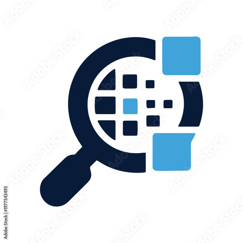 Magnifying glass inspecting a digital network or data connection interface