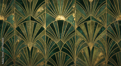 Elegant Art Deco wallpaper background in deep emerald green and distressed gold. This luxurious 1920s-inspired design is ideal for high-end branding, interior backdrops, and glamorous event invitation