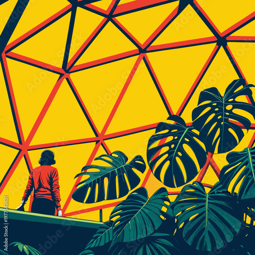 A multi-level geodesic greenhouse overflowing with oversized monstera leaves, vibrant orange lighting, 1970s retro-futurism. 1
