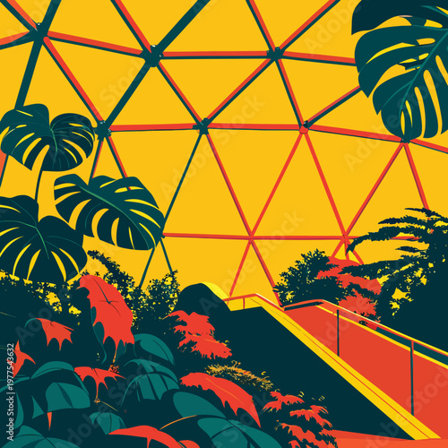 A multi-level geodesic greenhouse overflowing with oversized monstera leaves, vibrant orange lighting, 1970s retro-futurism.