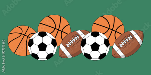 Assortment of popular sports balls including basketballs soccer balls and footballs presented on a green background