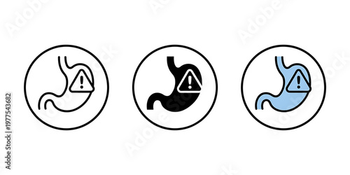 Set of three stomach icons with warning signs symbolizing digestive health issues and potential problems