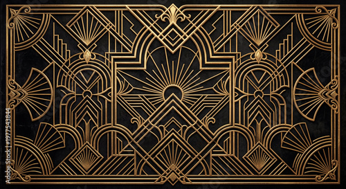 Intricate Art Deco architectural relief in aged gold. Patterns of glamour of the 1920s Gatsby era, suitable for high-end background designs.