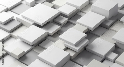 Abstract 3D composition of floating cubes in shades of white, grey, and charcoal. The geometric arrangement features a minimalist, architectural aesthetic with soft shadows and a clean, monochromatic 