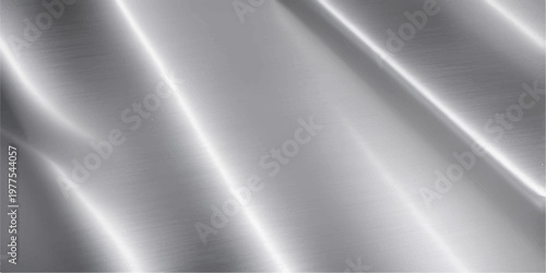 A polished silver brushed metal texture features a shiny stainless steel surface with an industrial gray aluminum pattern and light metallic reflections on a sleek grey backdrop sheet