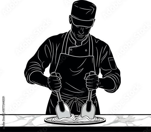 Vintage illustration of a chef decorating a cake with precision and artistic flair
