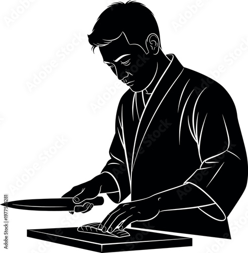 Title a striking black and white silhouette of a dj intensely focused while mixing music on turntables