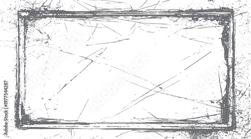 Grungy distressed rectangular frame with scattered scratches and speckles on white background grunge