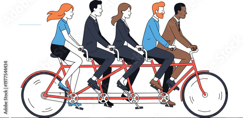 Teamwork Concept Illustration with Four Professionals Riding a Tandem Bicycle in a Collaborative Effort
