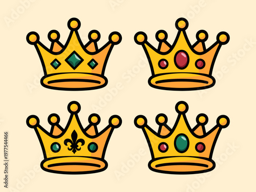 Stylized golden crowns with colorful jewel embellishments a light background royal