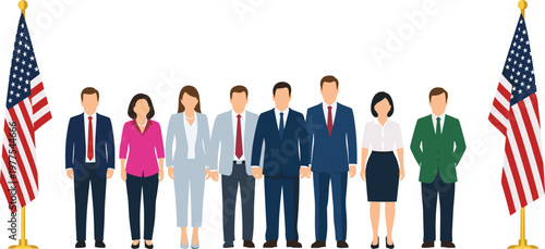 Group of Diverse Business Professionals Standing Together with United States Flags in an Office Setting