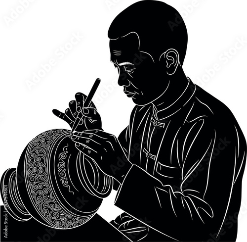 A black and white illustration depicts a man playing a large ornate stringed instrument possibly a lute or oud