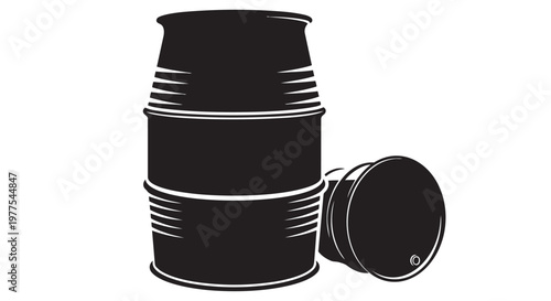 Black oil drums, industrial barrels, metal containers, stacked cans