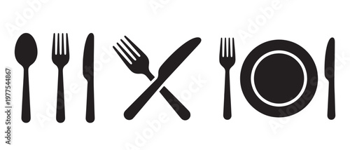 Black silhouette of dining utensils, including spoons, forks, knives, and plates on a plain white background