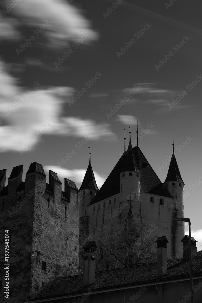 Fototapeta premium Black-and-white photo of the castle in the city of Thun, Switzerland