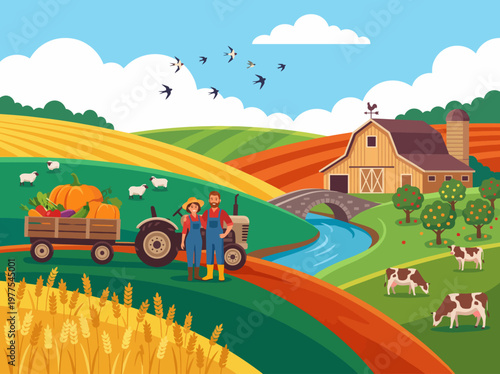 A picturesque farm scene showcasing a vibrant landscape with cows, a barn, a tractor, and farmers tending to a pumpkin harvest amidst golden wheat fields under a blue sky.