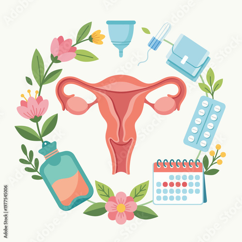 This illustration focuses on feminine health, showcasing various products like pads and a menstrual cup, surrounded by floral elements reflecting care and well-being.