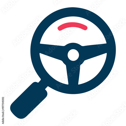 A magnifying glass focusing on a car steering wheel with a highlighted section.