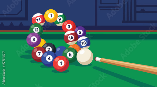 A dynamic pool table scene displaying billiard balls in an interesting arrangement, with the cue ball ready to break, representing sport, strategy, and leisure activity.