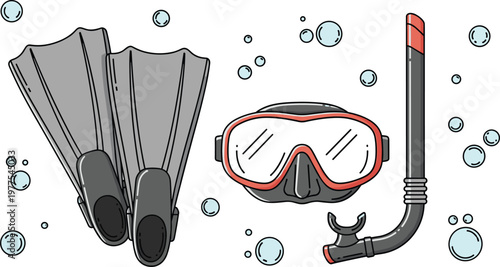 Snorkeling Gear Icon Set Featuring Fins, Mask, and Snorkel with Bubbles for Water Sports and Diving Activities