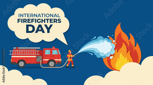 A vibrant illustration honoring International Firefighters Day, featuring a firefighter extinguishing flames with a fire truck in the background, symbolizing bravery and service.