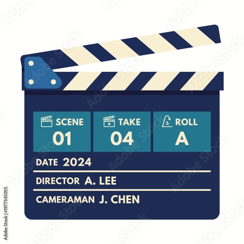 A clapperboard showcasing various film production details including scene number, director's name, and date, essential for organizing and directing movie shoots.