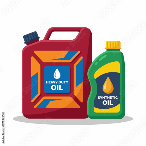 Two contrasting oil containers, one for heavy duty and the other for synthetic oil, illustrated with bright colors and clear labeling to catch attention in an automotive context.