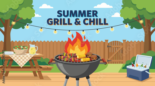 A lively outdoor scene showcasing a barbecue grill with smoke, delicious food being prepared, and a inviting atmosphere perfect for summer gatherings with friends and family.