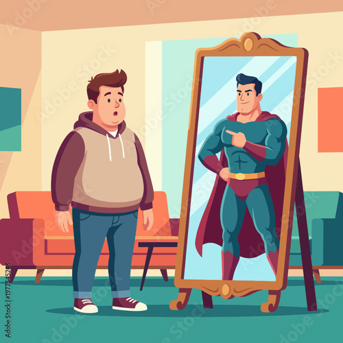 This whimsical illustration depicts a boy looking at his reflection in a mirror, imagining himself as a powerful superhero, highlighting dreams and aspirations.