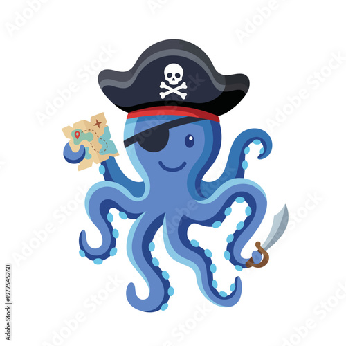 This charming illustration features a pirate octopus with a treasure map, bringing a whimsical and adventurous spirit to any children's artwork or storytelling content.