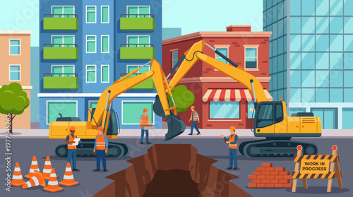 This dynamic scene portrays construction workers using heavy machinery in an urban environment, showcasing the hustle and bustle of modern city infrastructure development.